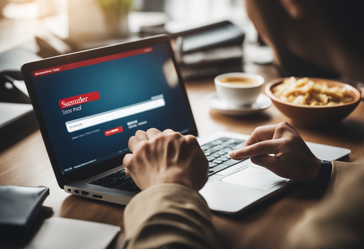 Uma pessoa sentada em um computador, acessando o site do Santander para verificar o saldo do seu cartão de refeição.