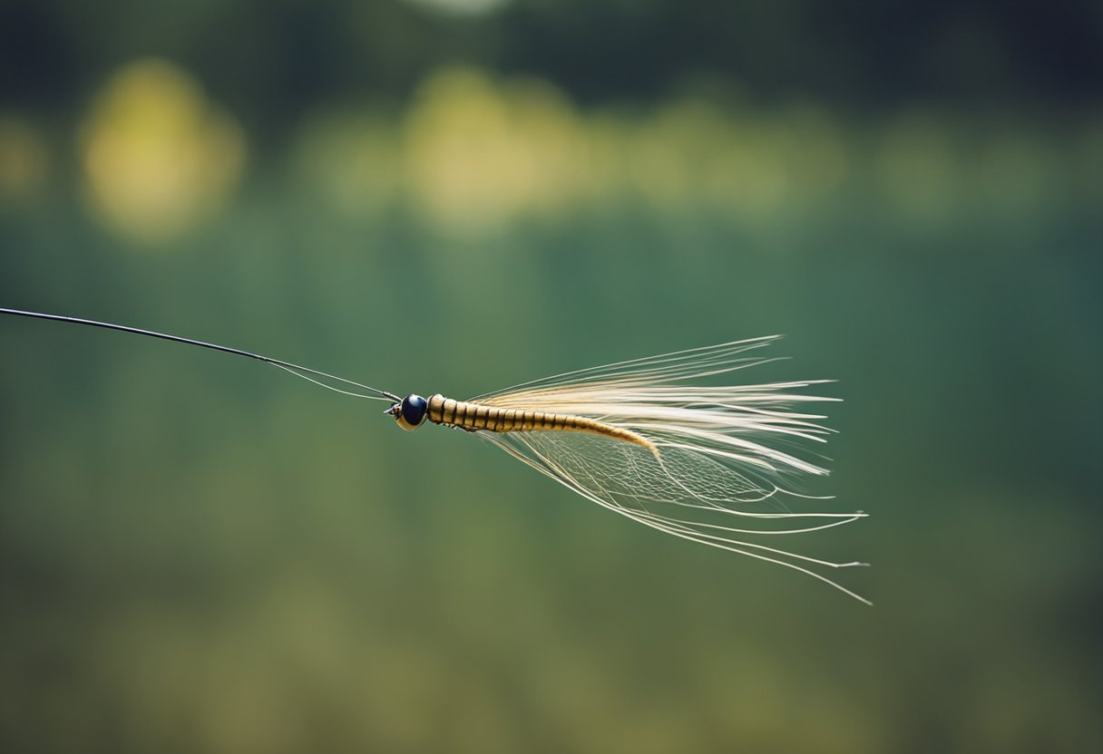 A fly line shooting through the air, trailing behind a fishing rod, with gear scattered around