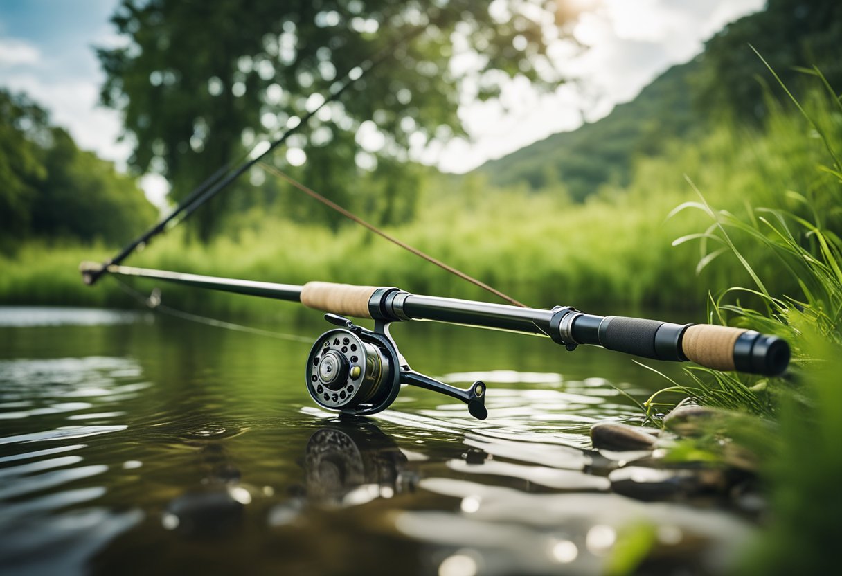A serene riverbank with a fly fishing rod, reel, and shooting line laid out on the grass, surrounded by lush greenery and a flowing river