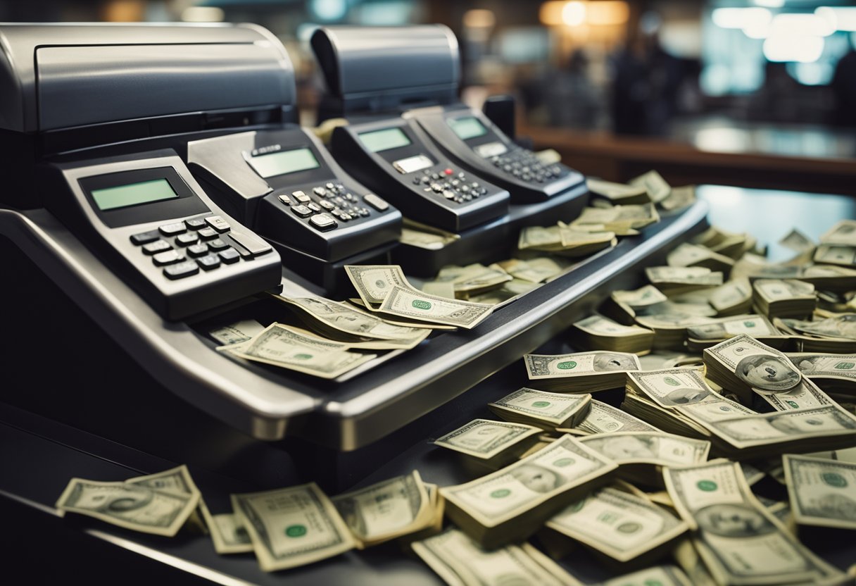 Uma caixa registradora transbordando com dinheiro derramando sobre o balcão