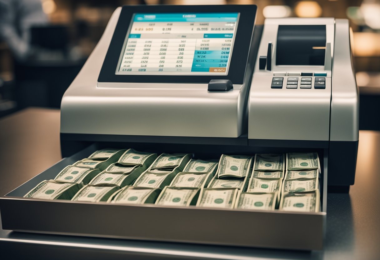 Uma caixa registradora transbordando com uma quantidade excessiva de dinheiro