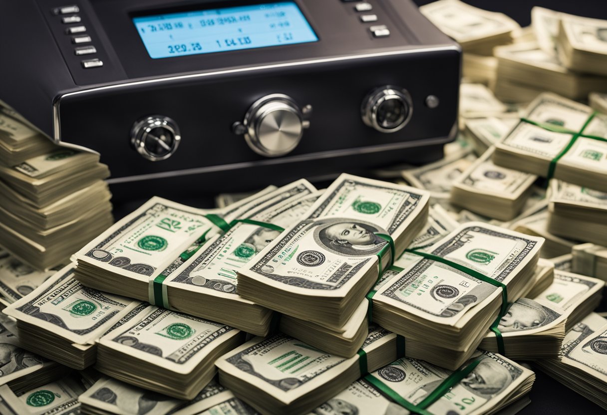 Uma pilha de dinheiro transbordando de um cofre, cercada por documentos financeiros e gráficos