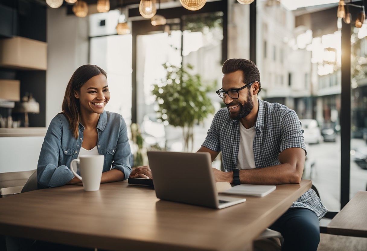 Um casal sentado à mesa com um laptop, discutindo finanças e gerenciando sua conta conjunta no site do Banco C6.