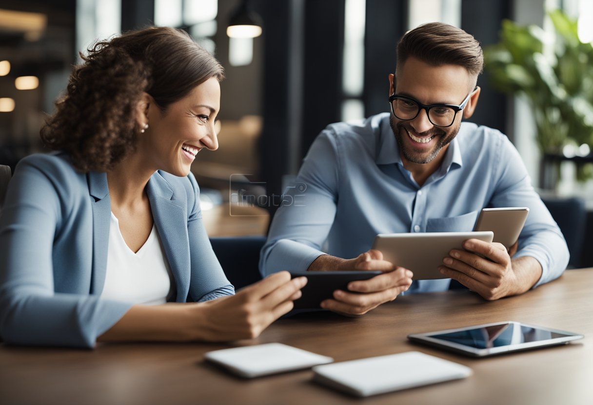 Um casal sentado junto a uma mesa, cada um com um tablet e sorrindo enquanto discutem finanças. O logo do C6 Bank é visível nos dispositivos.