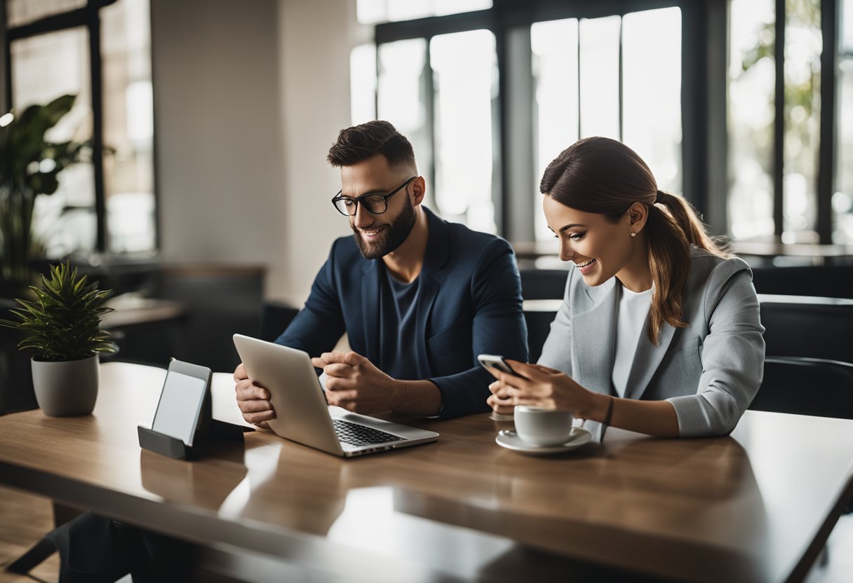 Um casal sentado à mesa, cada um segurando um smartphone, com um laptop aberto na página do C6 Bank, preenchendo um pedido de conta conjunta.