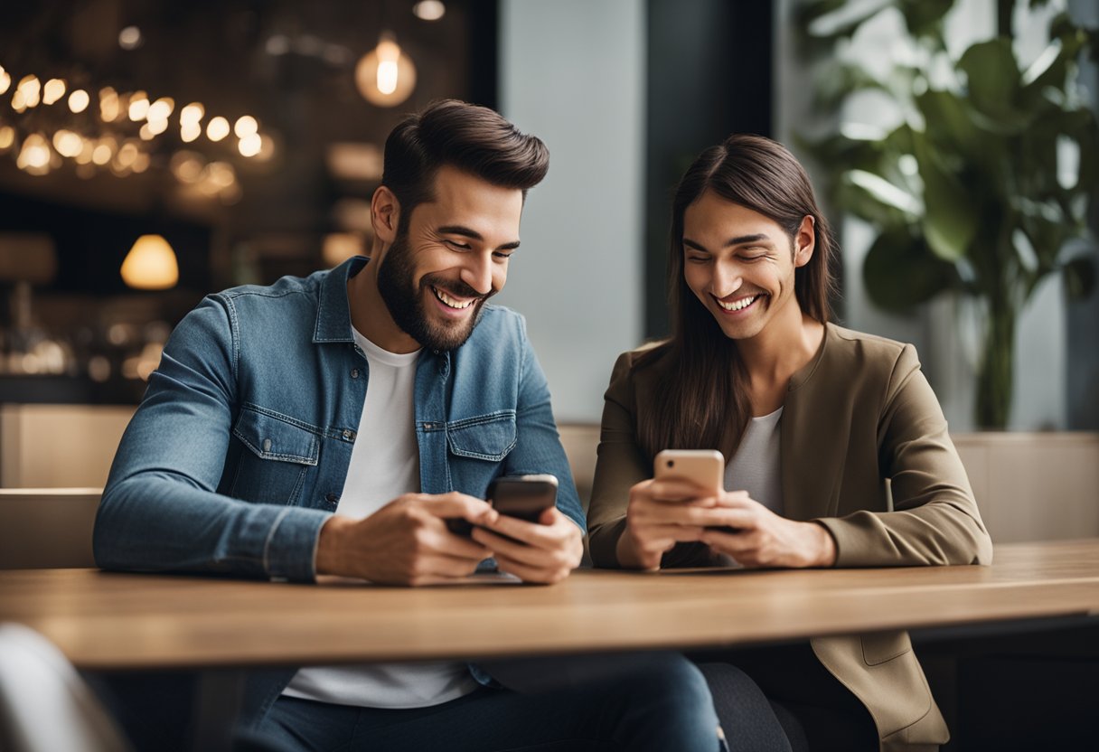 Um casal está sentado à mesa, cada um segurando um smartphone e sorrindo. Um logo do Nubank é visível na tela, sugerindo que estão abrindo uma conta conjunta.