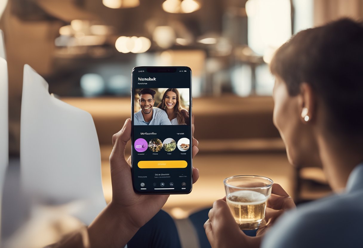 Um casal sorrindo, de mãos dadas, olhando para a tela de um smartphone que mostra o aplicativo do Nubank com uma conta conjunta aberta.