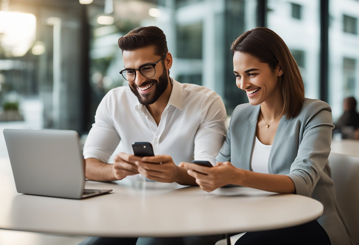 Um casal está sentado à mesa, cada um segurando um smartphone e sorrindo. Um logo do Nubank é visível na tela enquanto eles completam o processo de abertura da conta conjunta.