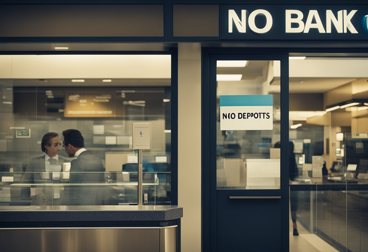 Uma janela de caixa de banco fechada com um aviso de "Sem Depósitos". Clientes parecendo confusos.