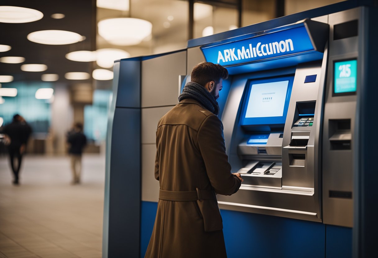 Uma pessoa frustrada parada em frente a um caixa eletrônico com defeito, tentando depositar dinheiro em sua conta.