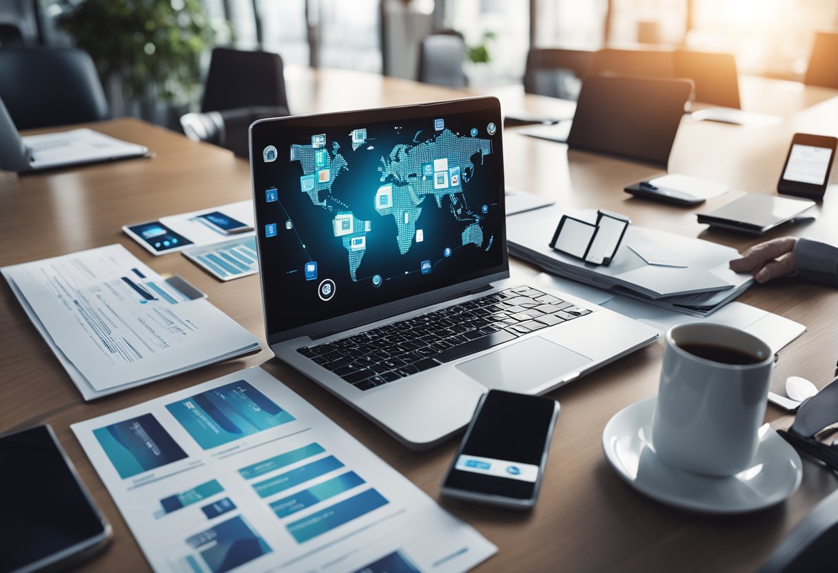 Uma mesa de escritório moderna com um laptop, smartphone e documentos de negócios, cercada por ícones e símbolos de pagamento digital.