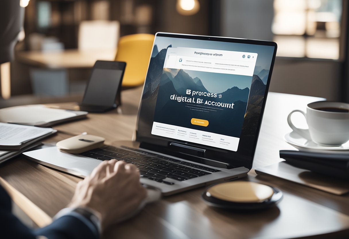 Uma tela de computador exibindo o passo a passo para abrir uma conta digital B2B, com um smartphone e documentos de negócios próximos.