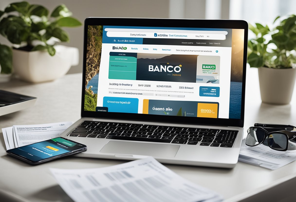 Um laptop exibindo o site do Banco Inter com a seção "Conta Digital" aberta, cercado por um smartphone, cartão de débito e uma pilha de contas.