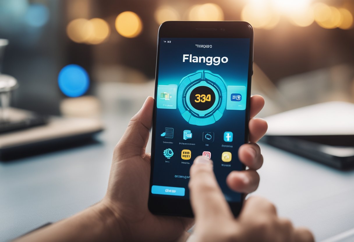 Um aplicativo de banco digital na tela de um smartphone com o logo do Flamengo, cercado por ícones financeiros e um dedo tocando a tela para abrir uma conta.
