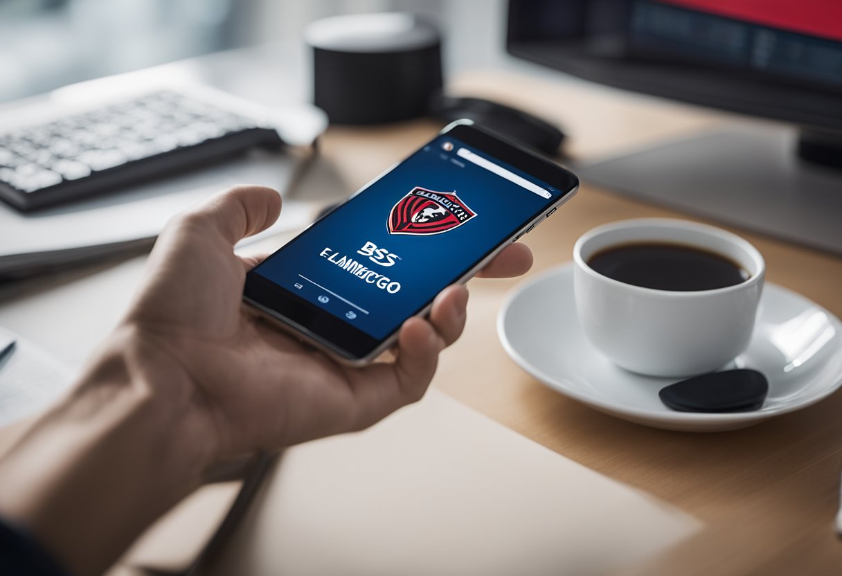 Um dispositivo digital exibindo o logo do BS2 Flamengo com uma pessoa abrindo uma conta online