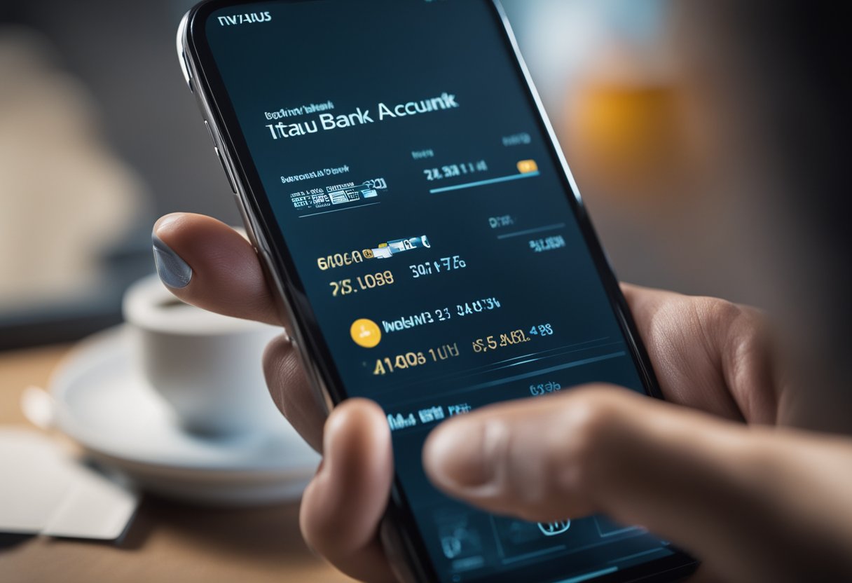 Uma pessoa usando um smartphone para abrir uma conta bancária digital no Itaú, com uma interface elegante e moderna na tela.