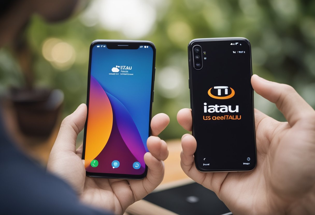 Um smartphone exibindo o logotipo do Itaú com uma interface digital para abrir uma conta digital