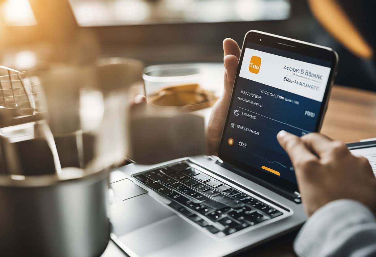 Uma pessoa usando um smartphone para abrir uma conta digital no banco Itaú, com um laptop e documentos oficiais por perto.