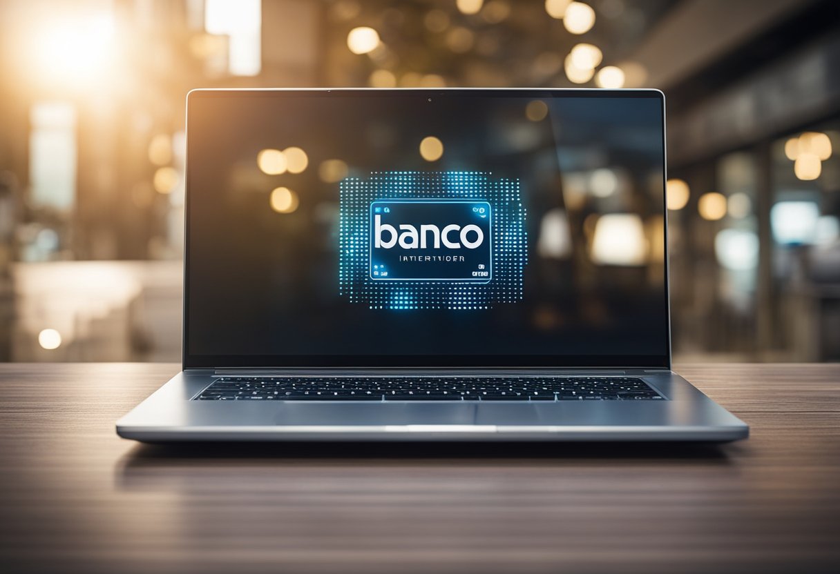 Um laptop exibindo o logotipo do Banco Inter com uma interface digital mostrando os recursos da Conta Digital MEI