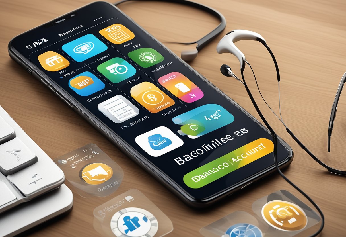 Uma ilustração digital de um smartphone exibindo o aplicativo do Banco Inter com a opção de abrir uma conta MEI, cercado por ícones e símbolos relacionados a negócios.