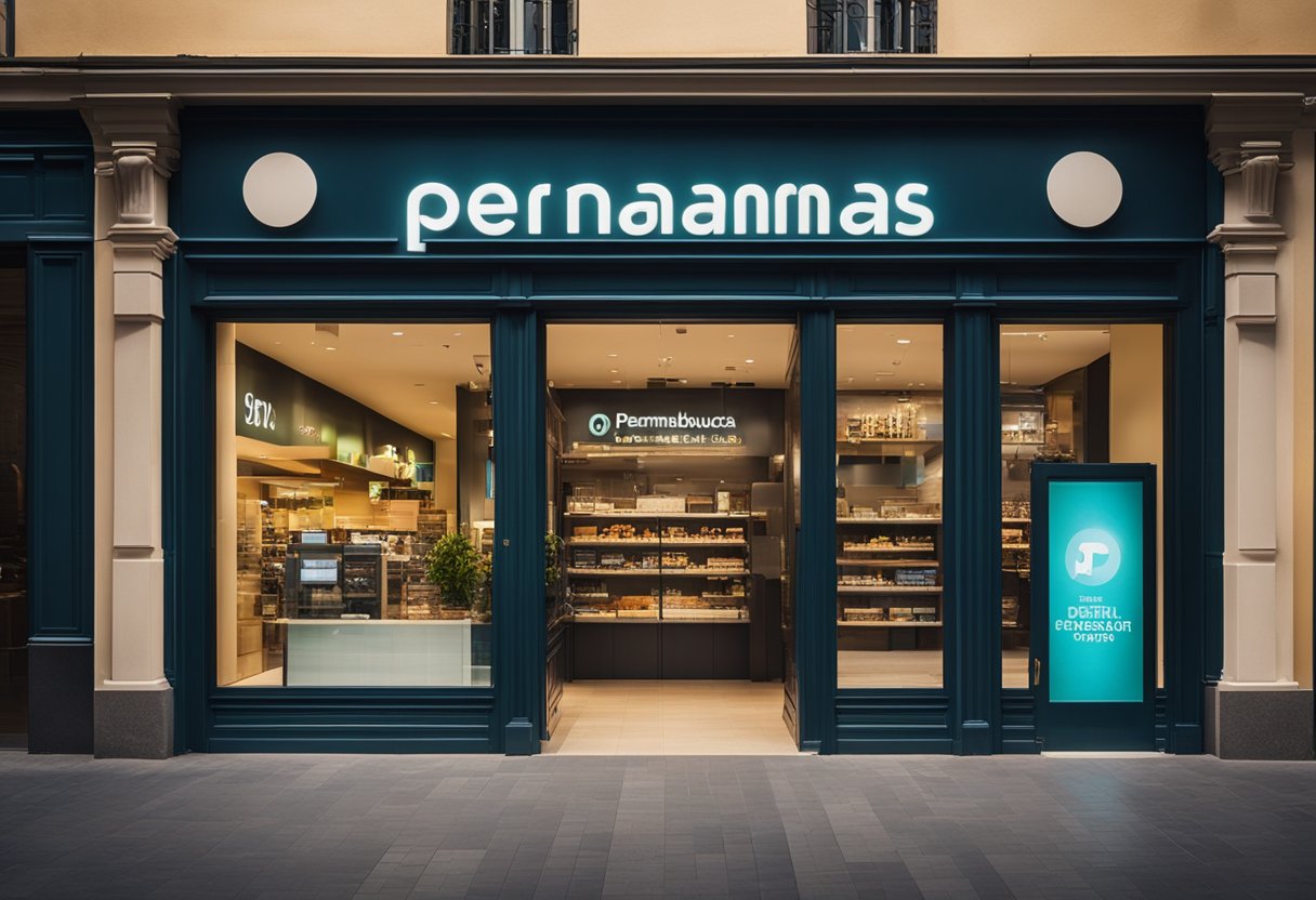 Uma vitrine vibrante com o logo das Pernambucanas, apresentando uma interface digital moderna e clientes envolvidos em transações.