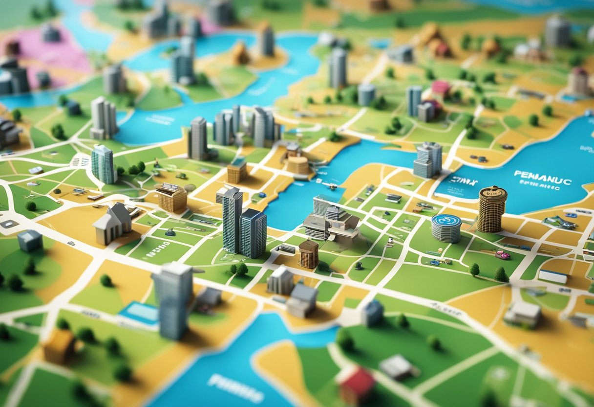 Um mapa colorido de Pernambuco com ícones digitais representando serviços bancários e financeiros evoluindo ao longo do tempo