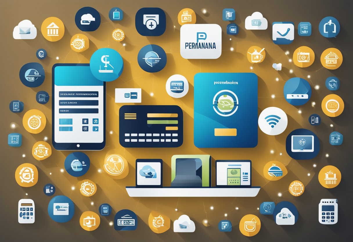 Um dispositivo digital exibindo o logotipo das Pernambucanas cercado por vários ícones representando banking online e transações financeiras