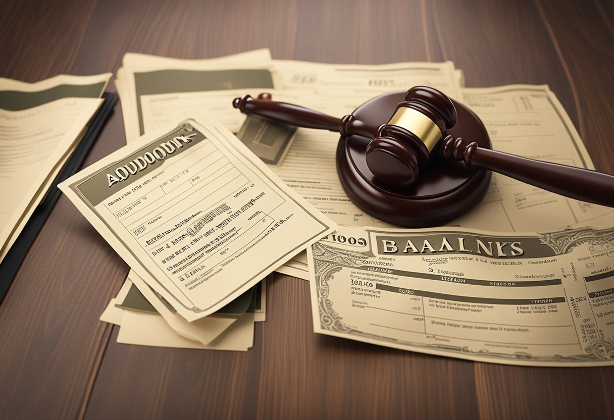 Uma conta bancária digital sendo bloqueada por um juiz, com um martelo e documentos legais presentes