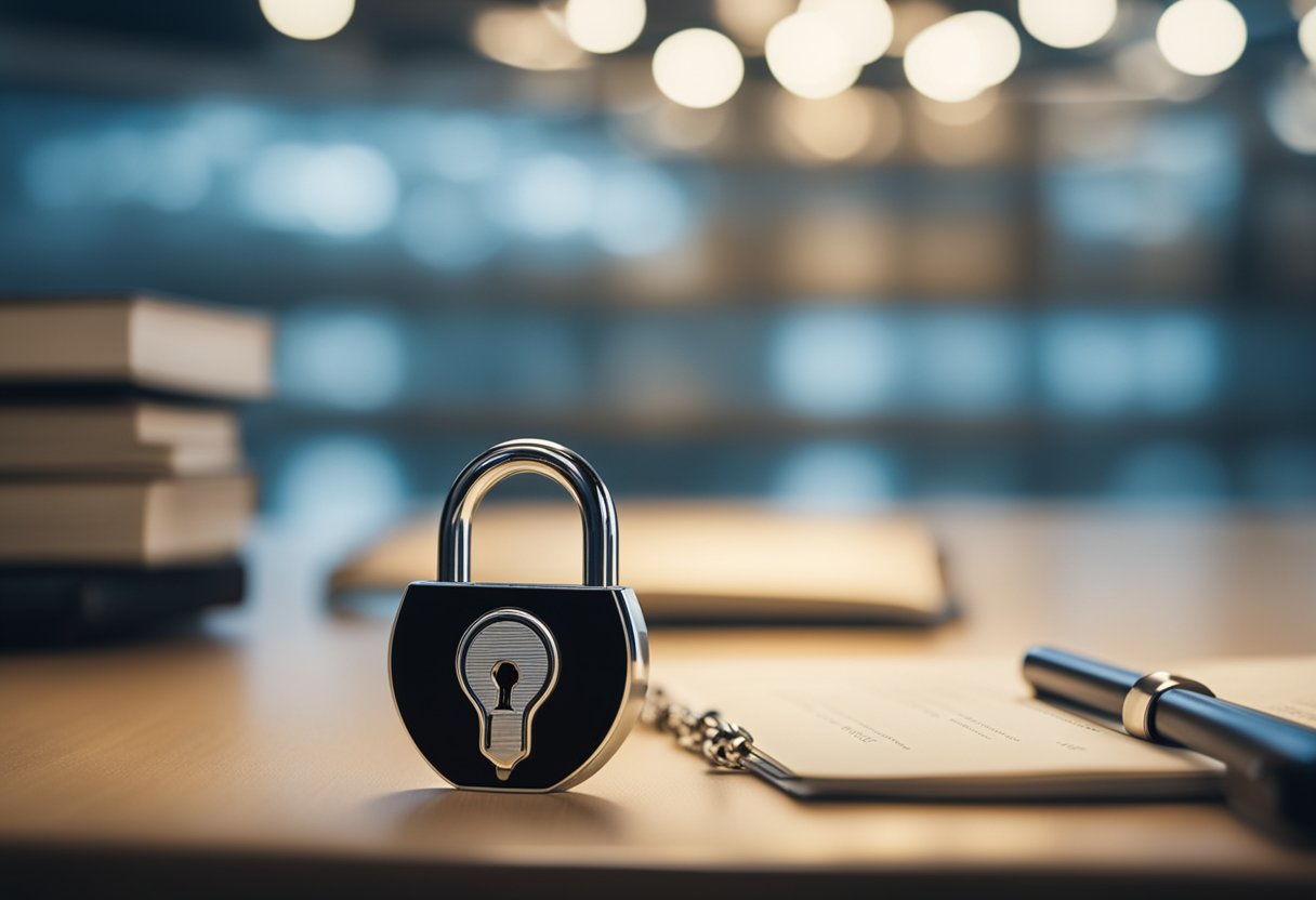 Uma conta digital congelada por um juiz, com um símbolo de cadeado e documentos legais ao fundo