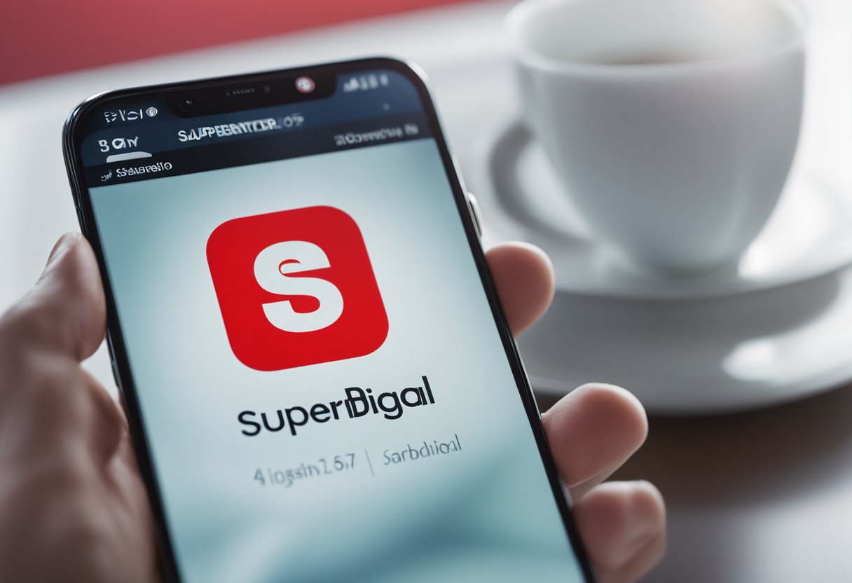 Um dispositivo digital exibindo o logo da Superdigital com o logo do Santander ao fundo