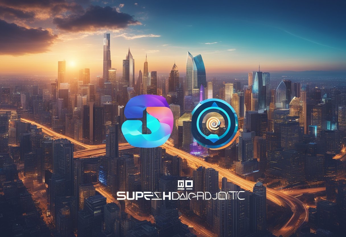 Uma paisagem digital vibrante com o logotipo da Superdigital em destaque, cercado por ícones que representam diversos serviços e recursos financeiros.