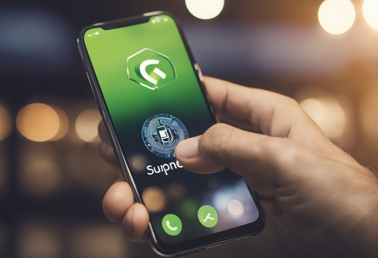 Uma mão alcançando um smartphone exibindo o logotipo do aplicativo Superdigital com o logotipo do Santander ao fundo