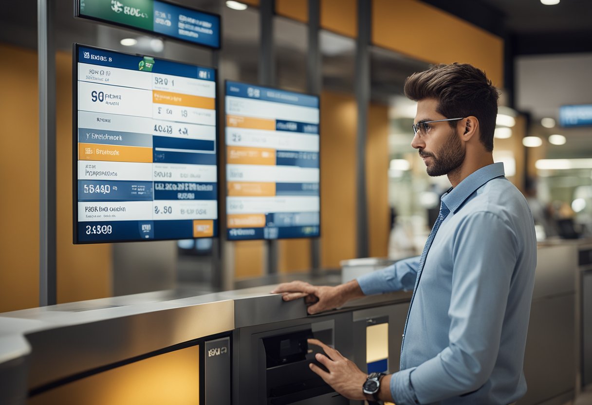 Uma pessoa em pé em um balcão de banco, com opções para "Conta Fácil Caixa" e "Conta Poupança ou Conta Corrente" exibidas em uma tela