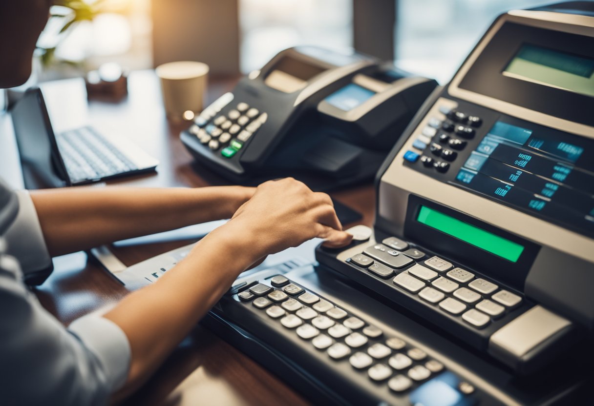 Um caixa de banco ajudando um cliente com várias opções de contas bancárias, incluindo conta corrente, conta poupança e conta de fácil acesso.