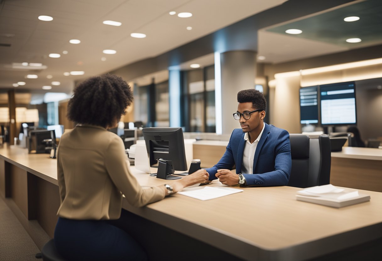 Uma pessoa em um balcão de banco abrindo uma conta simples, com opções para poupança ou conta corrente