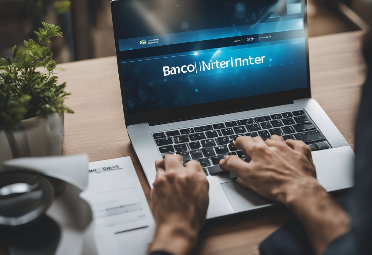 Uma pessoa navegando em um laptop, com o site do Banco Inter aberto, considerando se deve aderir ao serviço de conta global.
