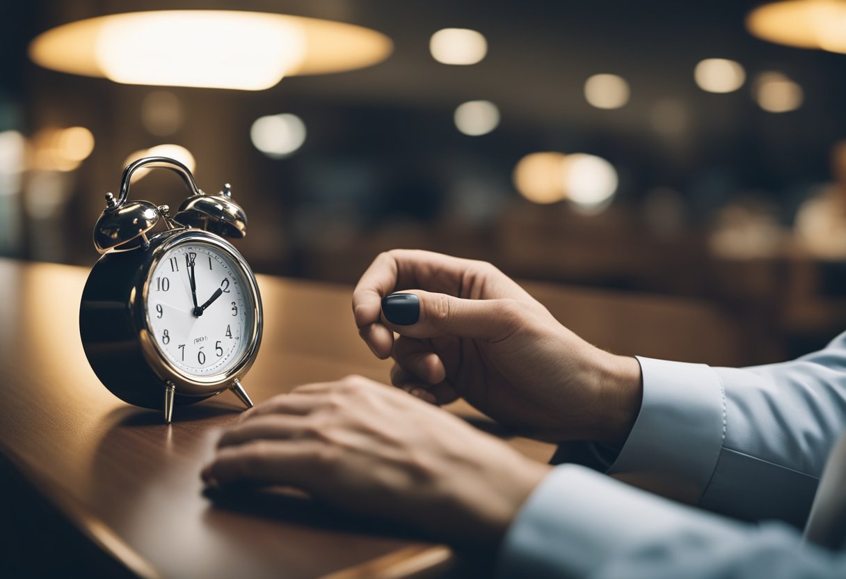 Uma pessoa espera impacientemente ao lado de um relógio, batendo o pé enquanto verifica a hora repetidamente.