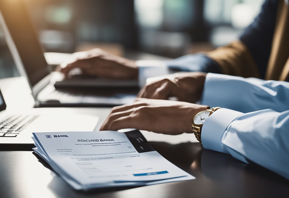 Uma pessoa enviando documentos online para uma conta no Next, com um relógio ticando ao fundo, indicando a passagem do tempo para o processo de aprovação.