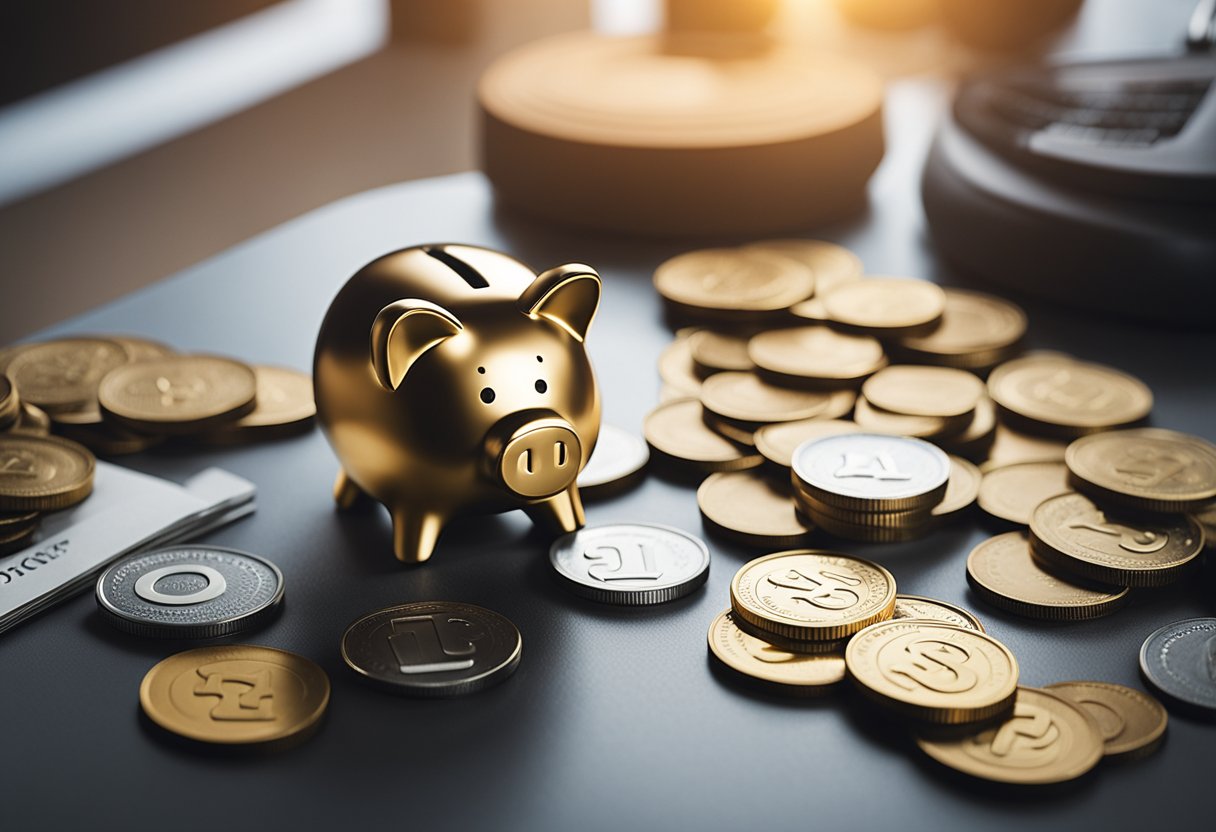 Um cofre com o logo da Caixa 013 está em uma mesa, cercado por moedas e cédulas.