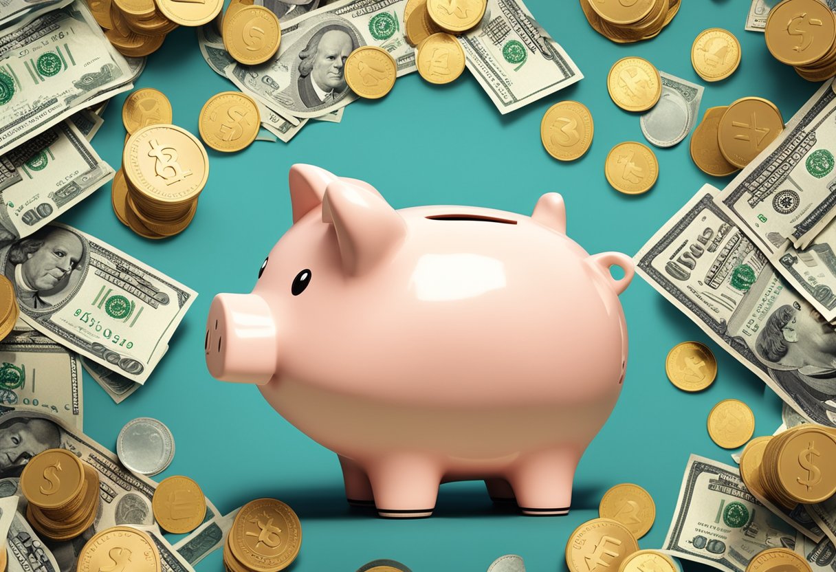 Um cofre com o logo da conta de poupança Caixa 013, cercado por moedas e notas, com um sinal de limite claramente exibido.