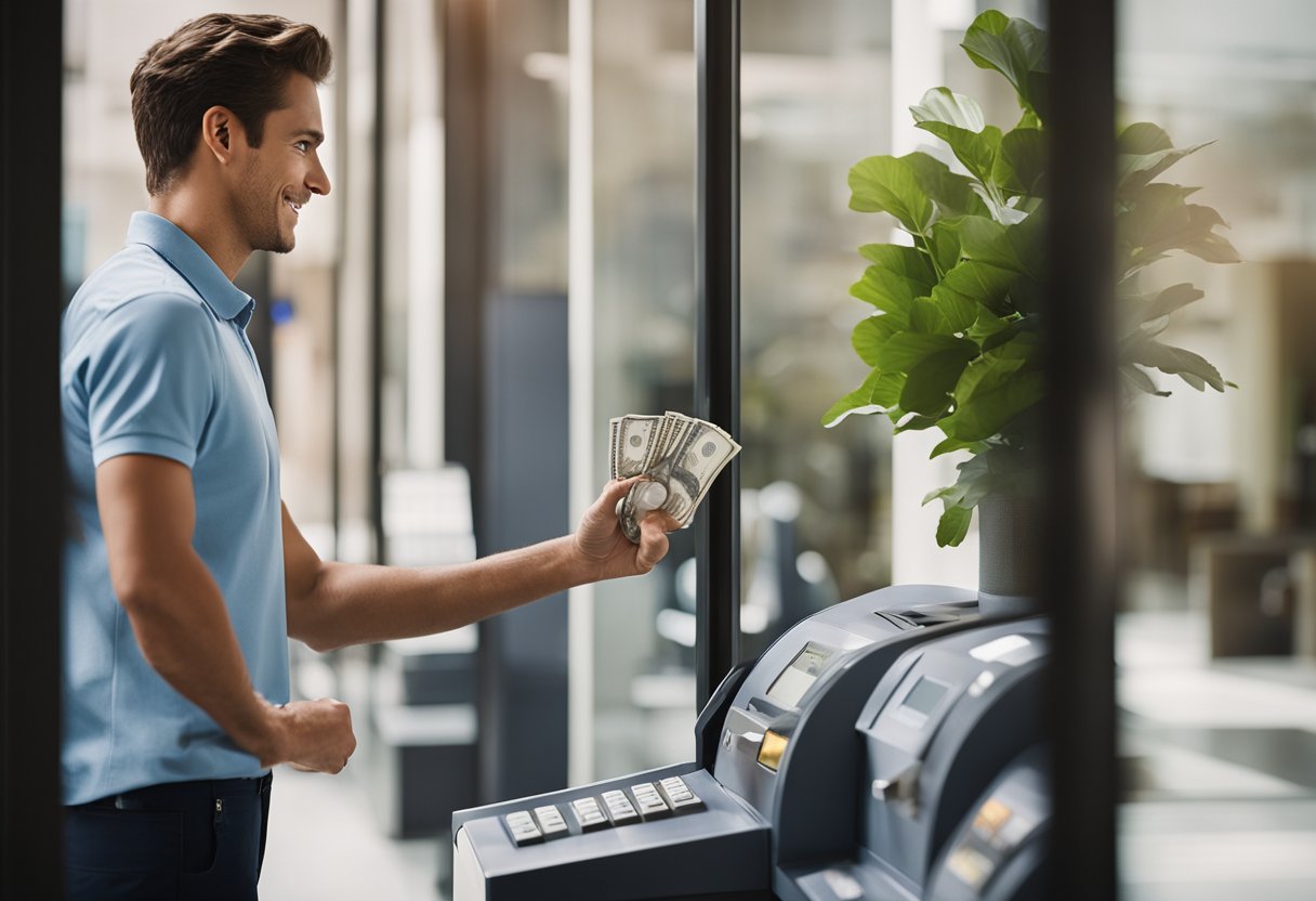 Uma pessoa em pé na janela de um caixa bancário, entregando dinheiro para depositar em uma conta poupança