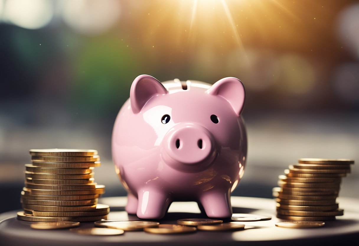 Um cofre com uma fenda para moedas e um dispositivo digital com o símbolo 'pix', cercado por ícones e símbolos financeiros.