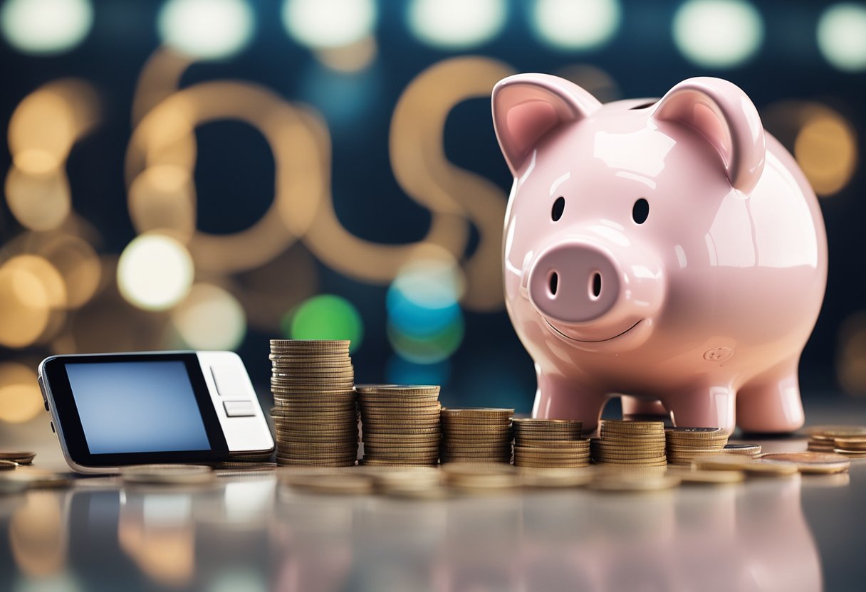 Um cofre com uma fenda para moedas e um dispositivo digital ao lado, simbolizando uma conta de poupança e o uso do pagamento PIX.