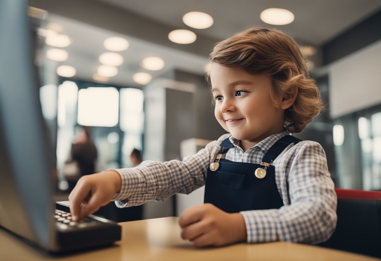 Uma criança pequena depositando dinheiro em uma conta de poupança do Santander