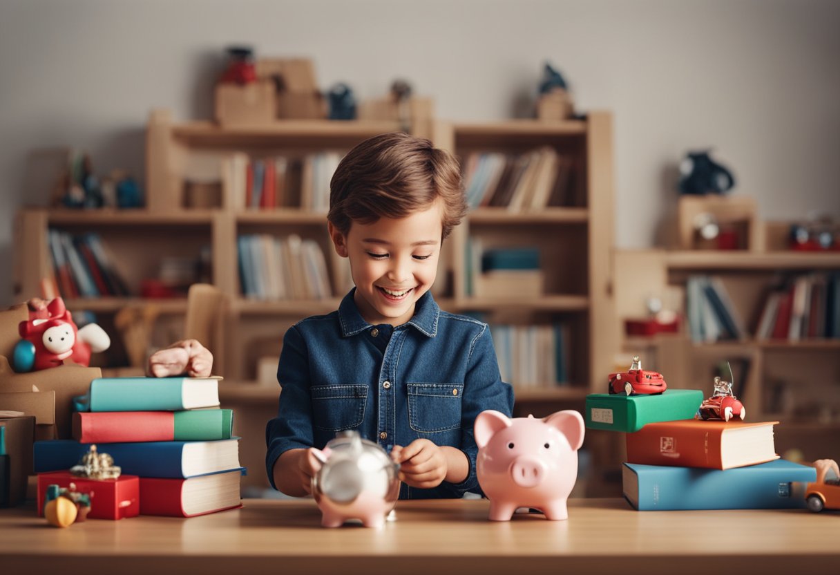 Uma criança depositando dinheiro feliz em um cofre com o logotipo do Santander. A criança está sorrindo e cercada por brinquedos e livros.
