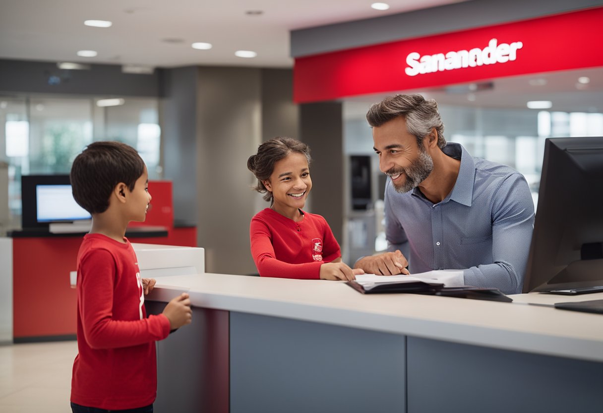 Um pai e uma criança em pé em uma agência do banco Santander, com o pai preenchendo documentos enquanto a criança observa ansiosamente.