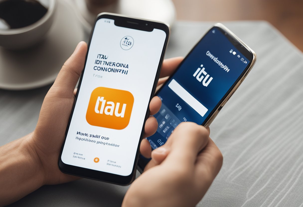 Uma pessoa usando um smartphone com o aplicativo Itau Conta Salario aberto, com o logo do Itau visível na tela.