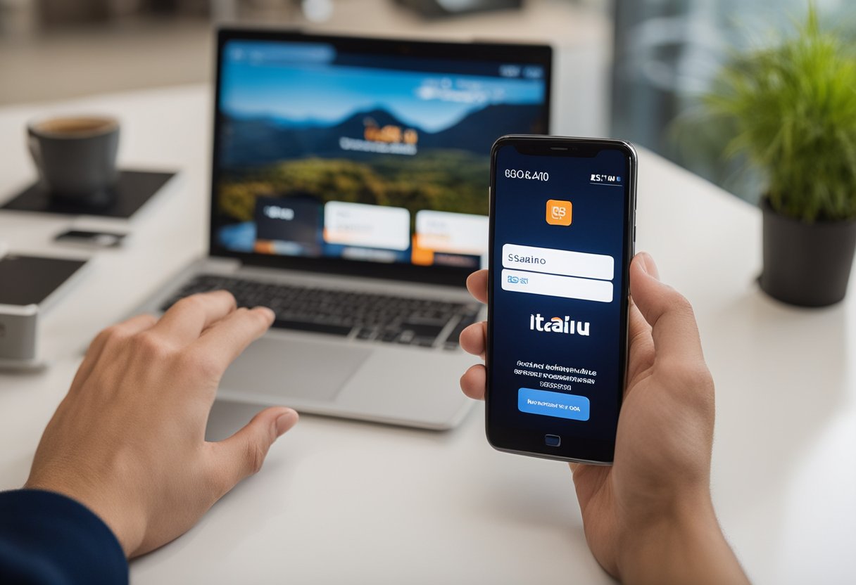 Uma pessoa usando um smartphone para acessar o aplicativo do banco Itaú, com a opção "Conta Salário" visível e o logo do Itaú.
