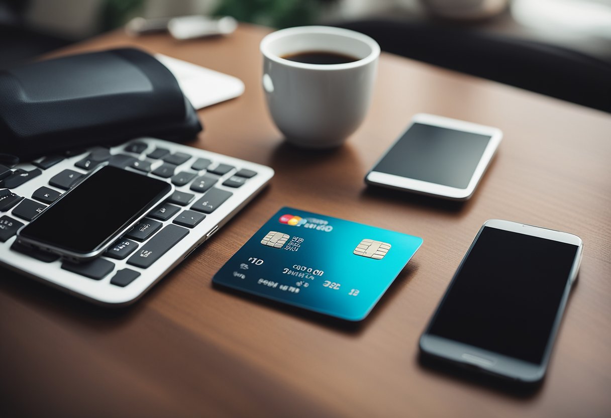 Um cartão de crédito sobre uma mesa elegante e moderna, com um smartphone e alguns pequenos itens próximos.