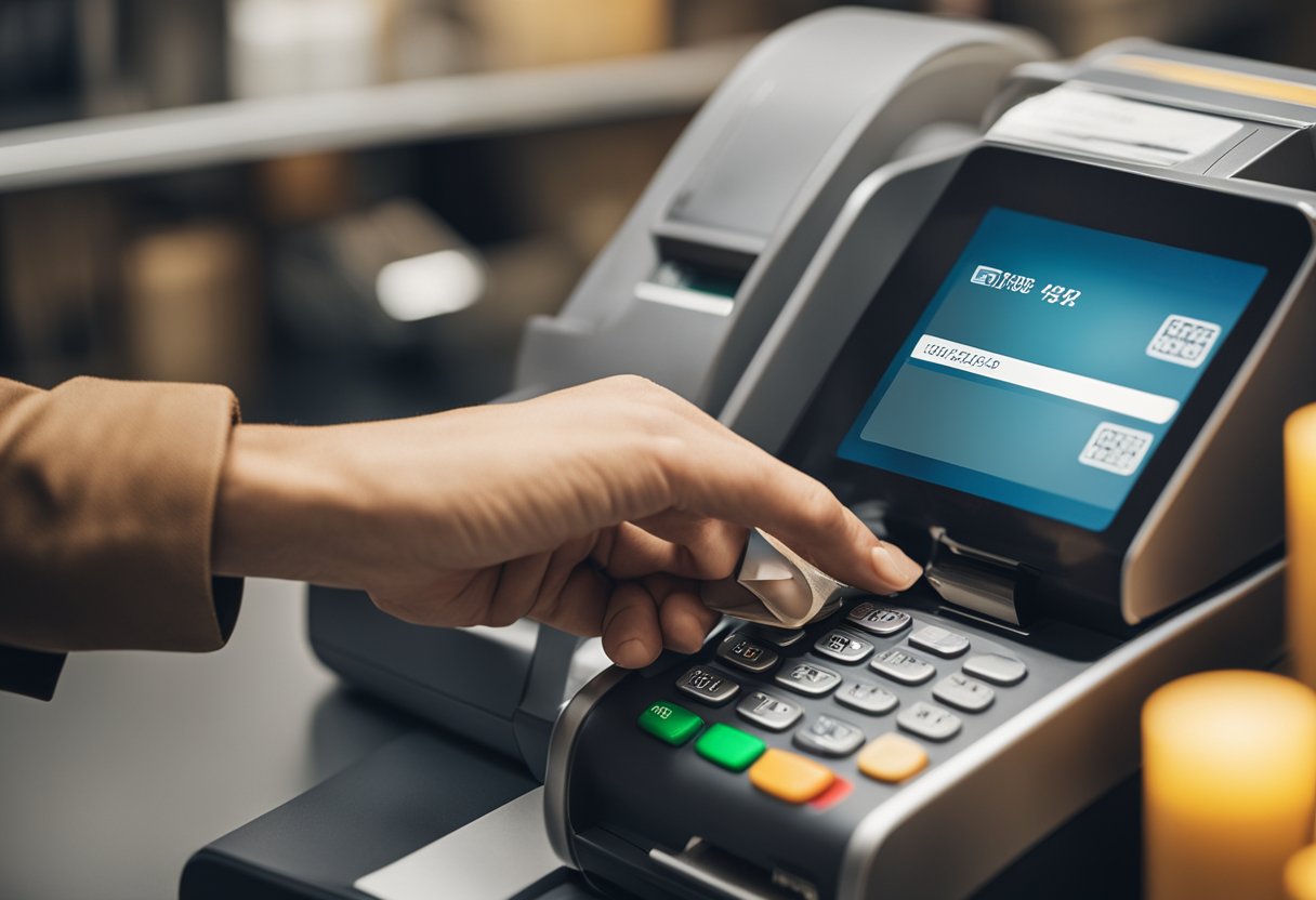 Uma pessoa passando um cartão de crédito em um terminal de pagamento